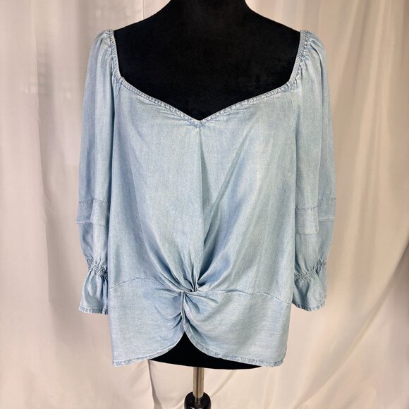 SOHO Peasant Blouse, Sz L Chambray Boho Back Zip Puff Sleeve Cropped, Front Knot - Picture 6 of 10